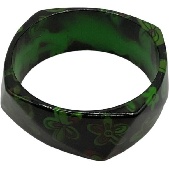 Geometric Black & Green Floral Resin Bangle Bracelet - Picture 5 of 5